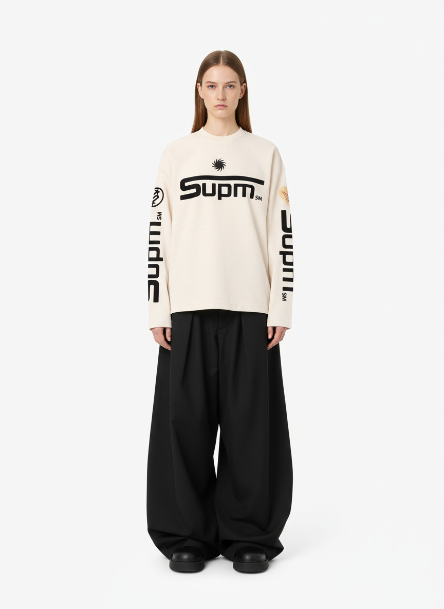 Textured Waffle SUPM Letter Graphic Long Sleeve T-Shirt