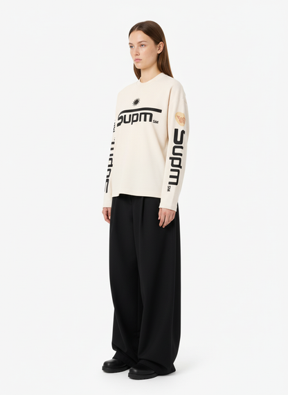 Textured Waffle SUPM Letter Graphic Long Sleeve T-Shirt