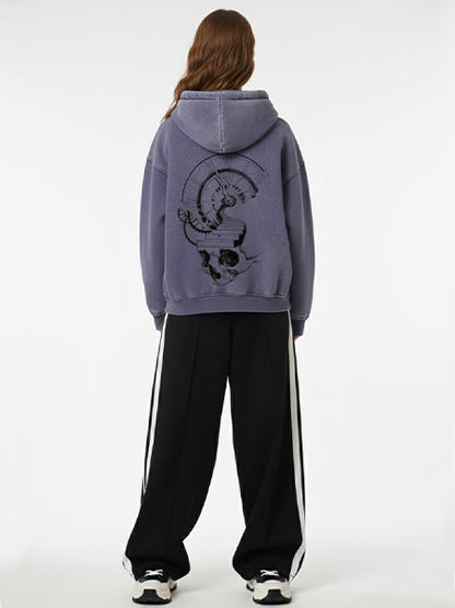 Thesupermade Washed Batik Distressed Double Zipper Cardigan Hooded Sweatshirt Hand-painted Skull Clock