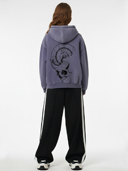 Thesupermade Washed Batik Distressed Double Zipper Cardigan Hooded Sweatshirt Hand-painted Skull Clock