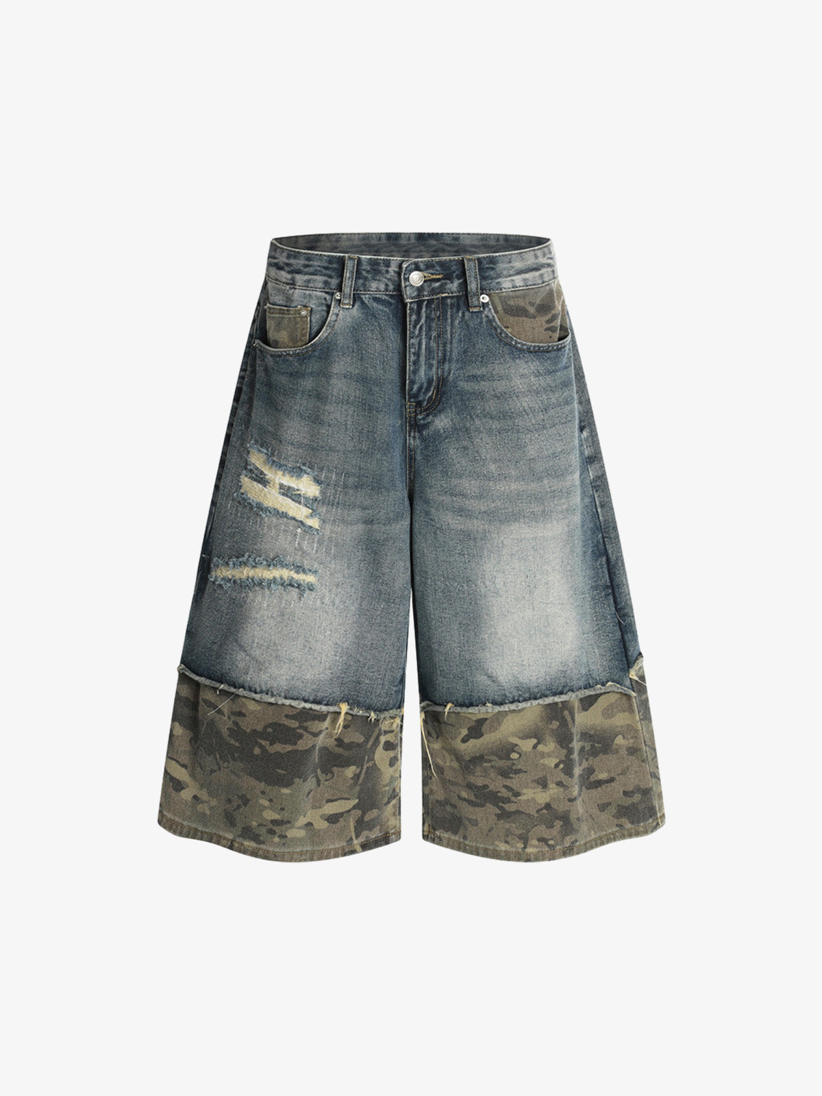 Camouflage Hem Patchwork Denim Shorts