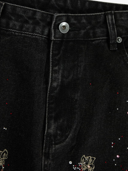 Vintage Floral Embroidery Rhinestone Straight Jeans