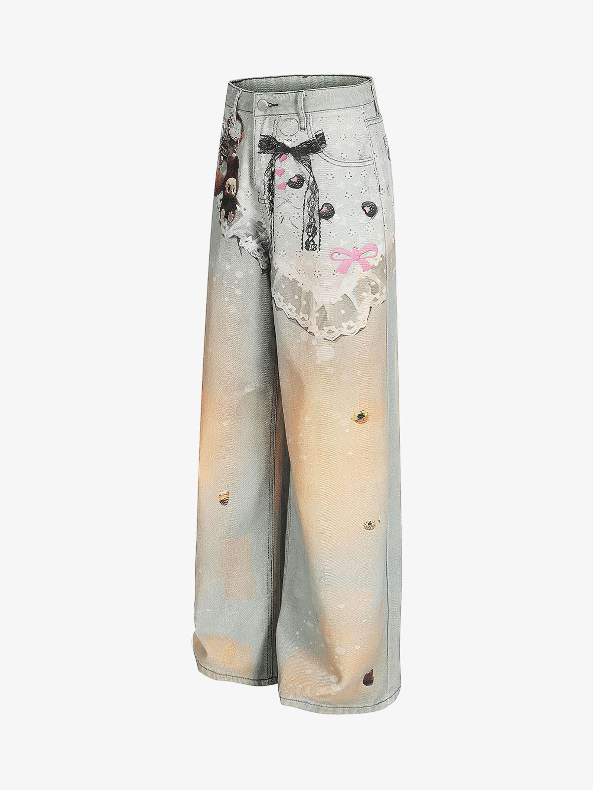 Unique Artistic Denim Trousers with Embellished Details for Women