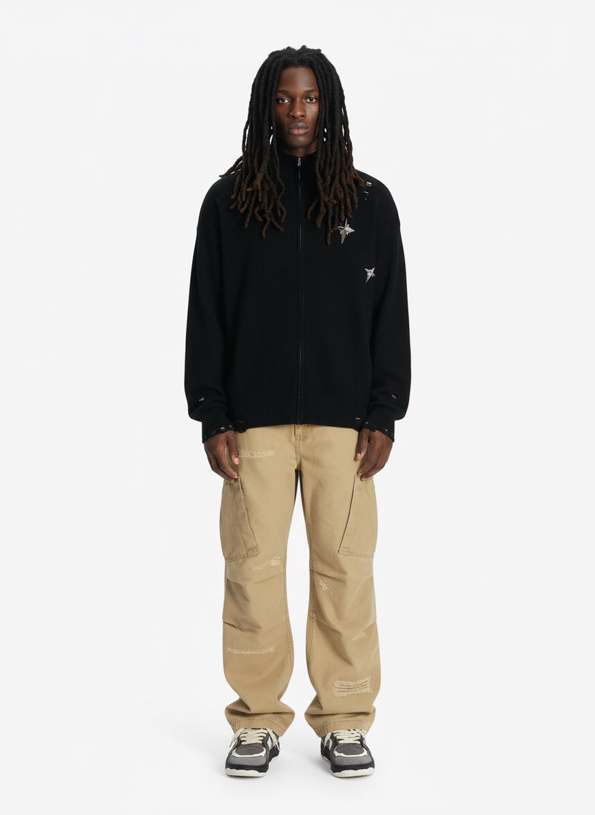 Distressed Ripped-Edge Turtleneck Diamond Star Zipper Knitted Sweater