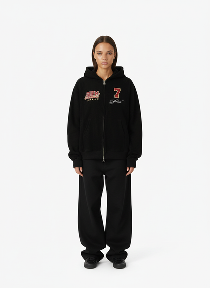 Suede Letter Embroidered Cropped Zip-Up Sweatshirt