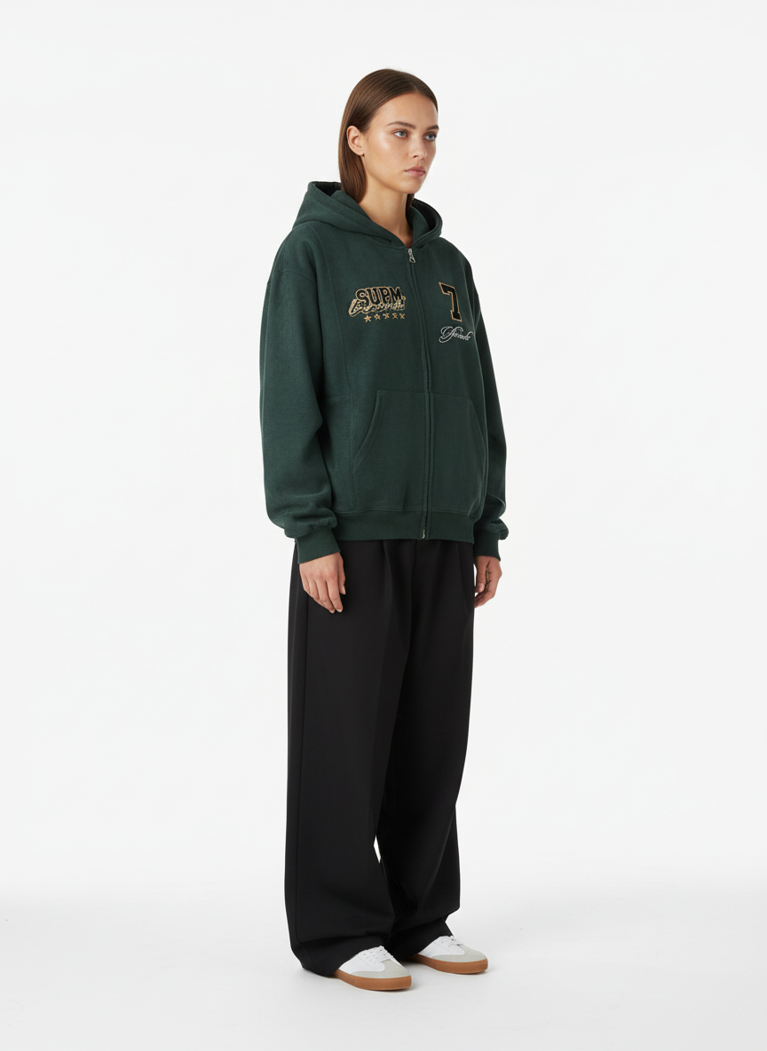 Suede Letter Embroidered Cropped Zip-Up Sweatshirt