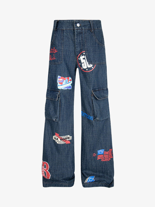 Letter Print Cargo Multi-pocket Jeans