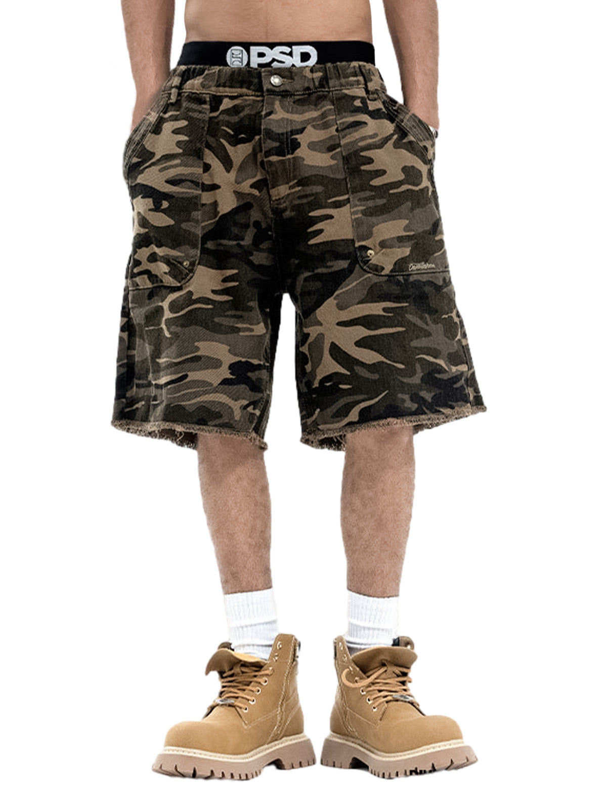 Camouflage Raw Edge Embroidered Cargo Shorts