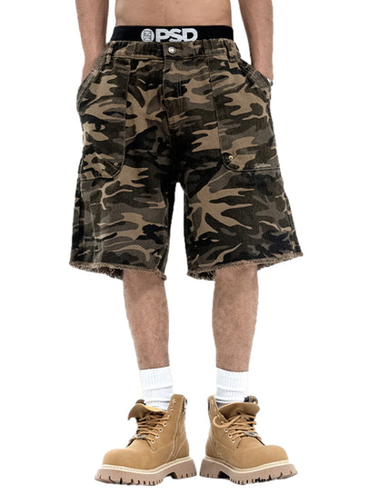 Camouflage Raw Edge Embroidered Cargo Shorts