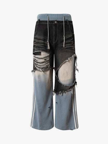 Thesupermade Double-waistband Denim Patchwork Ripped Casual Pants