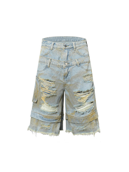 Distressed Tie-Dye Denim Shorts
