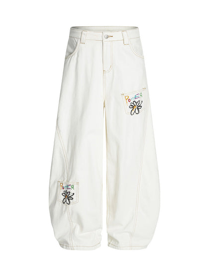 Embroidered Floral Patches Barrel Jeans