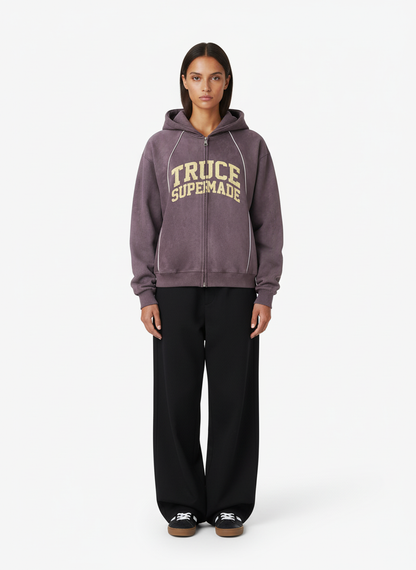 Retro Patchwork Hem Letter Print Suede Hooded Sweatshirt