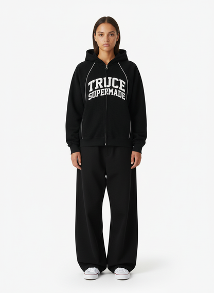 Retro Patchwork Hem Letter Print Suede Hooded Sweatshirt