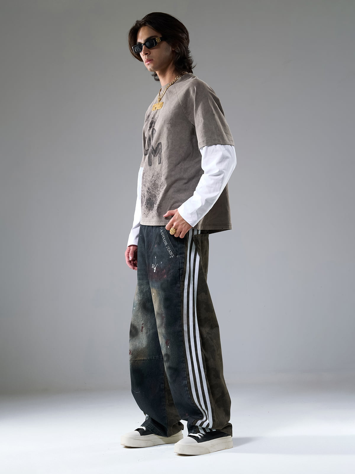 复古撞色拼接洗水做旧印花T恤