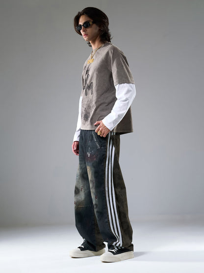 复古撞色拼接洗水做旧印花T恤