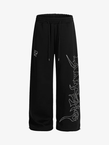 Stylish Black Wide-Leg Pants with Unique Embroidered Design for Casual Wear