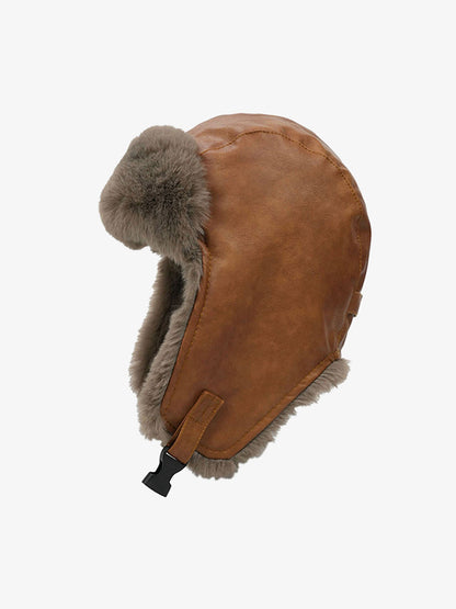 Vintage Distressed Leather Plush Trapper Hat
