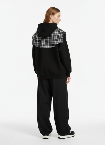 Fake Two-Piece Plaid Shirt Scarf Design Hoodie