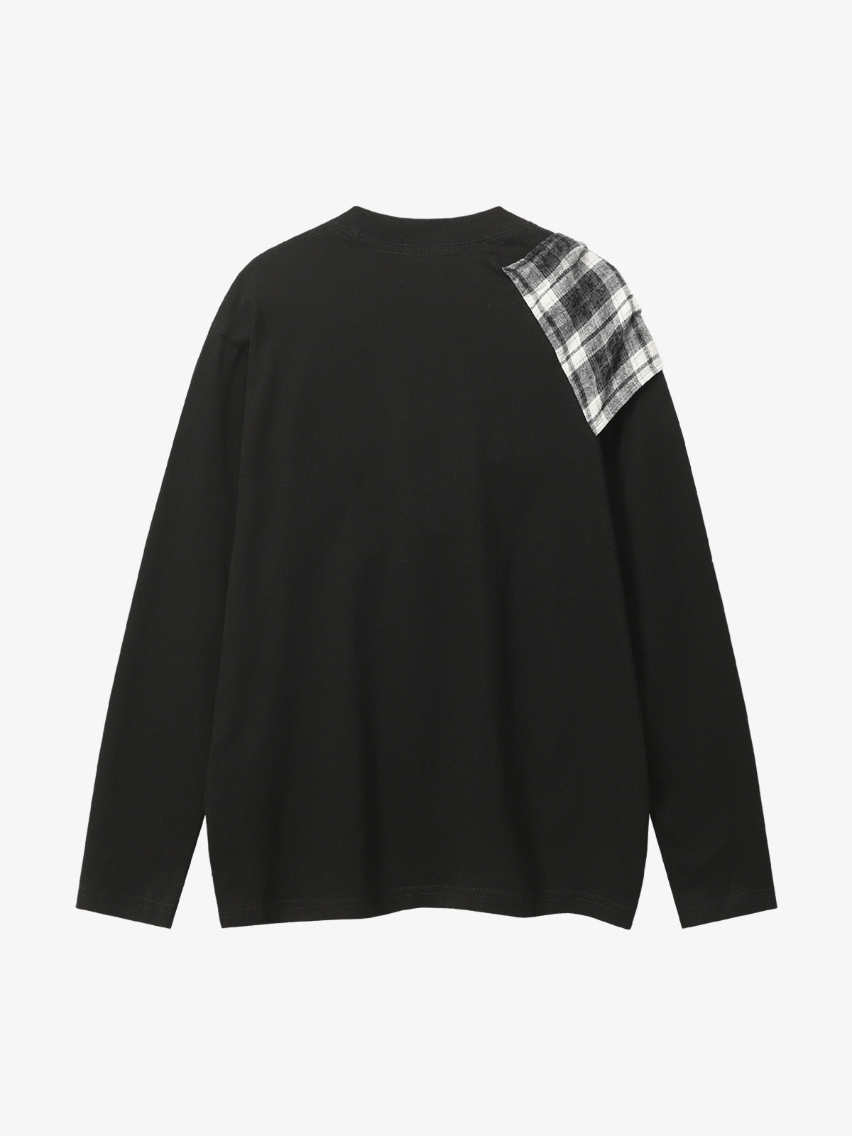 Black Long Sleeve T-Shirt with Plaid Shoulder Patch - Stylish and Versatile Top for Casual Wear