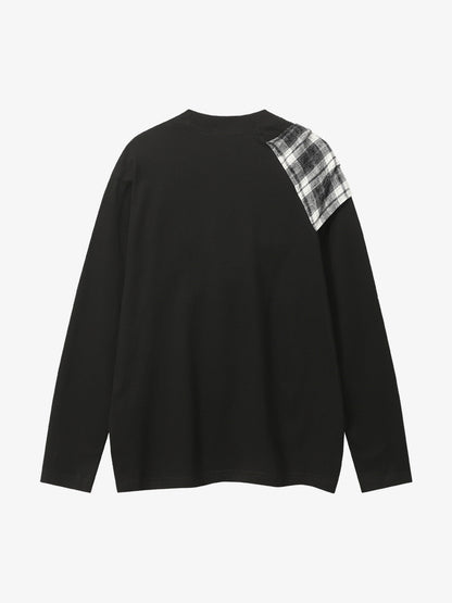 Black Long Sleeve T-Shirt with Plaid Shoulder Patch - Stylish and Versatile Top for Casual Wear