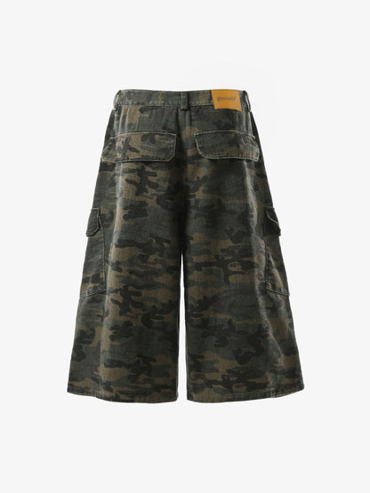 Vintage Washed Camouflage Machete Wide Leg Cargo Shorts