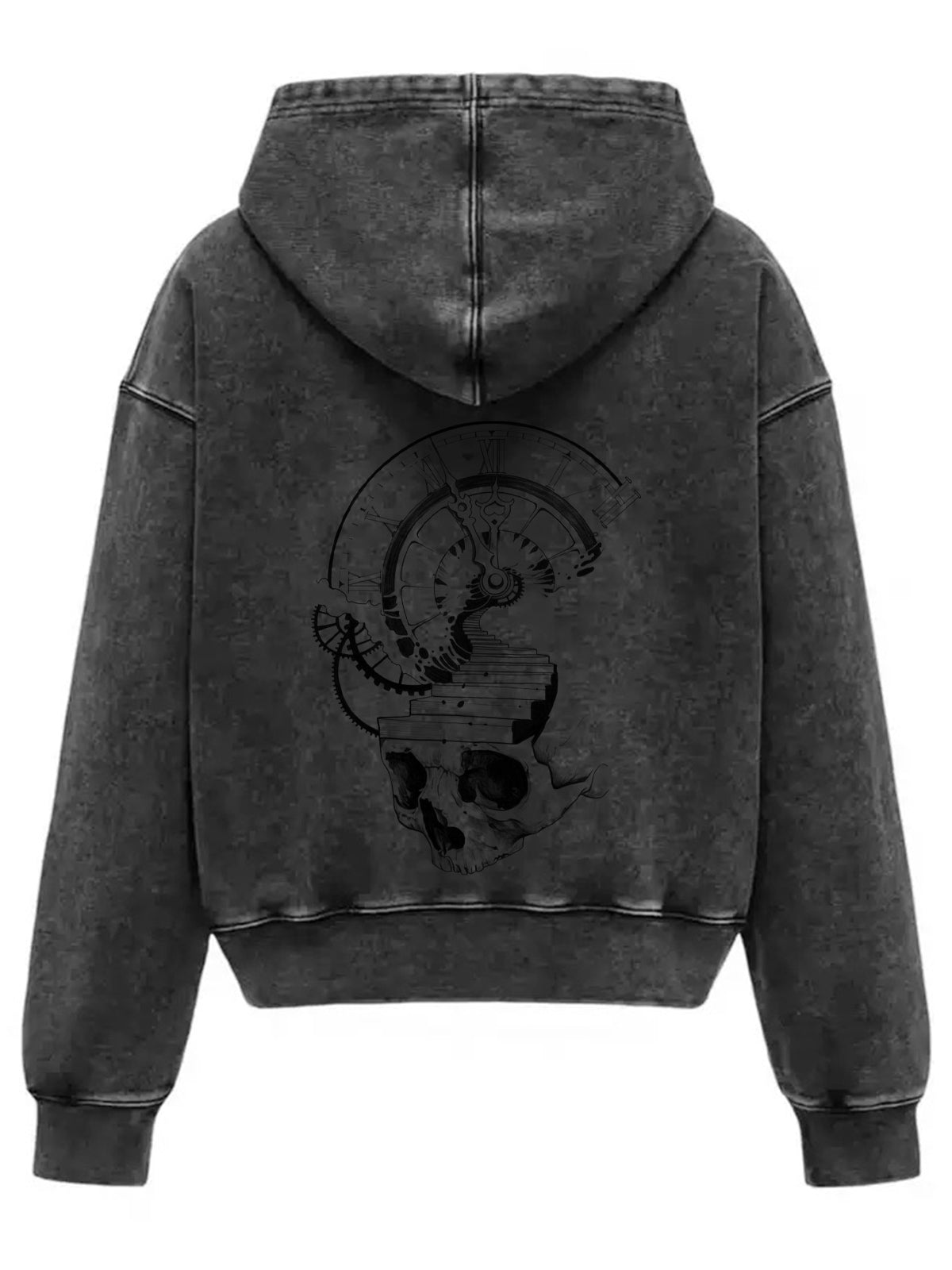 Thesupermade Washed Gray Distressed Double Zipper Cardigan Hooded Sweatshirt with Hand-painted Skull Clock