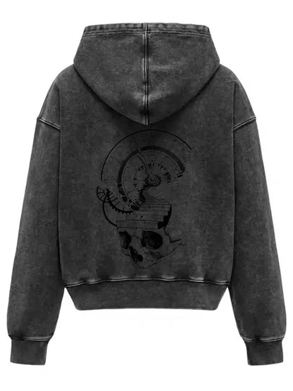 Thesupermade Washed Gray Distressed Double Zipper Cardigan Hooded Sweatshirt with Hand-painted Skull Clock