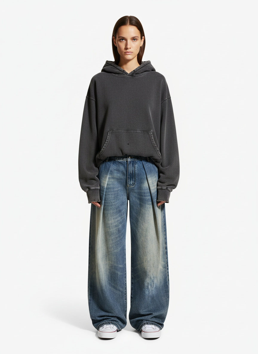 Vintage Washed Pleated Wide-Leg Jeans