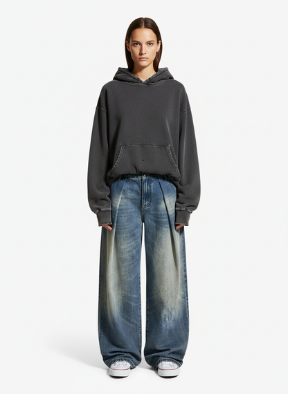 Vintage Washed Pleated Wide-Leg Jeans