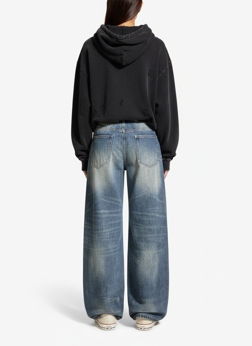 Vintage Washed Pleated Wide-Leg Jeans