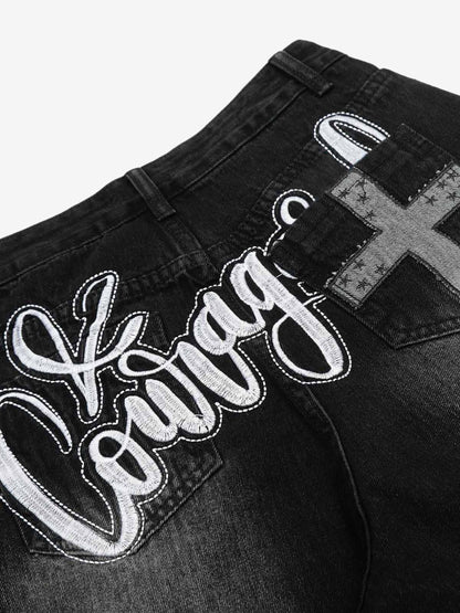 Distressed Black Denim Jeans with Embroidered Design and Cross Patch