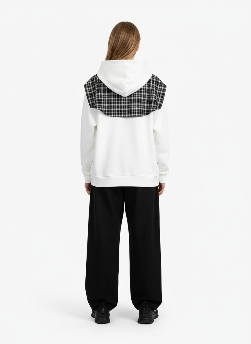 Fake Two-Piece Plaid Shirt Scarf Design Hoodie