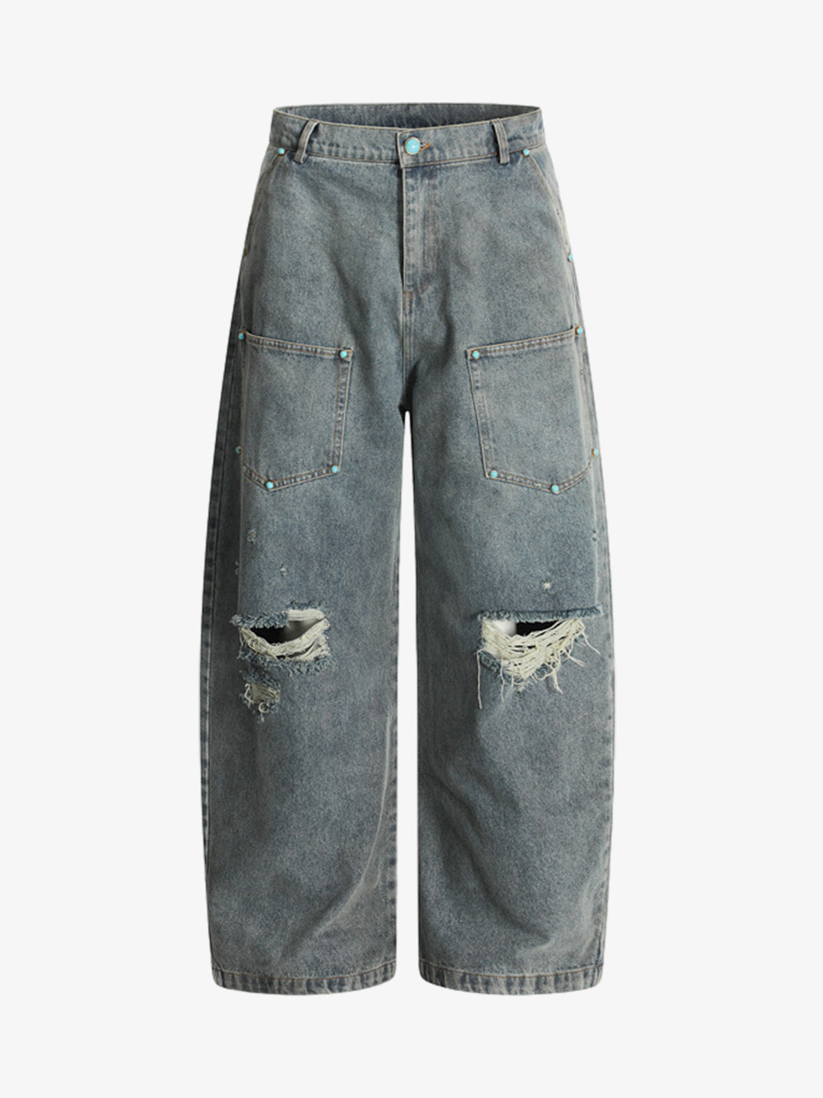 Distressed Rivet-washed Ripped Barrel Jeans