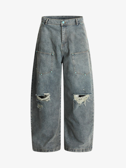 Distressed Rivet-washed Ripped Barrel Jeans
