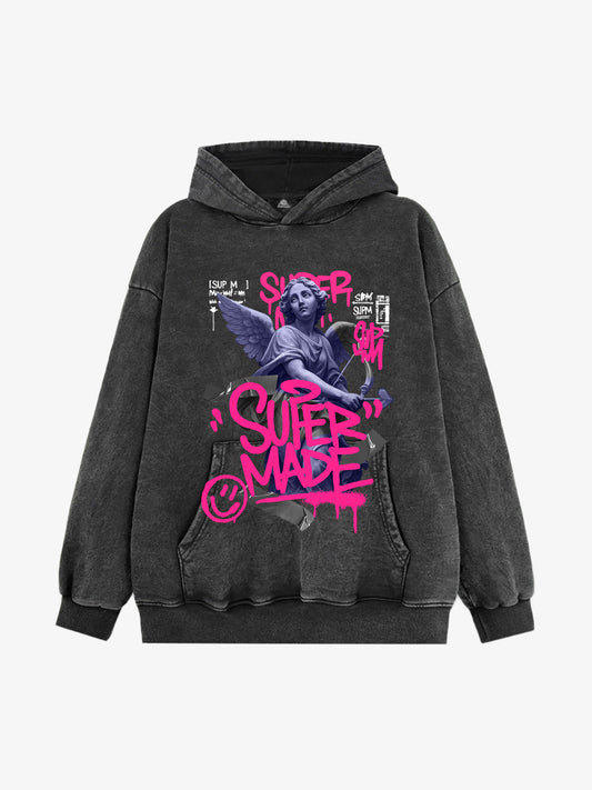 Pink Letter Graffiti Angel Print Hooded Sweatshirt