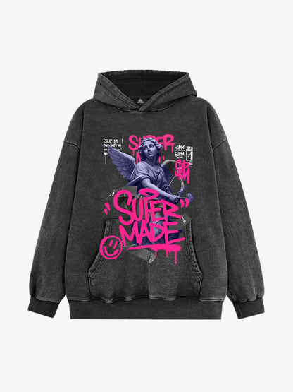 Pink Letter Graffiti Angel Print Hooded Sweatshirt