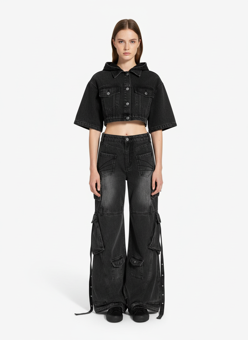 Vintage Washed Distressed Lace-up Cargo Flare Jeans