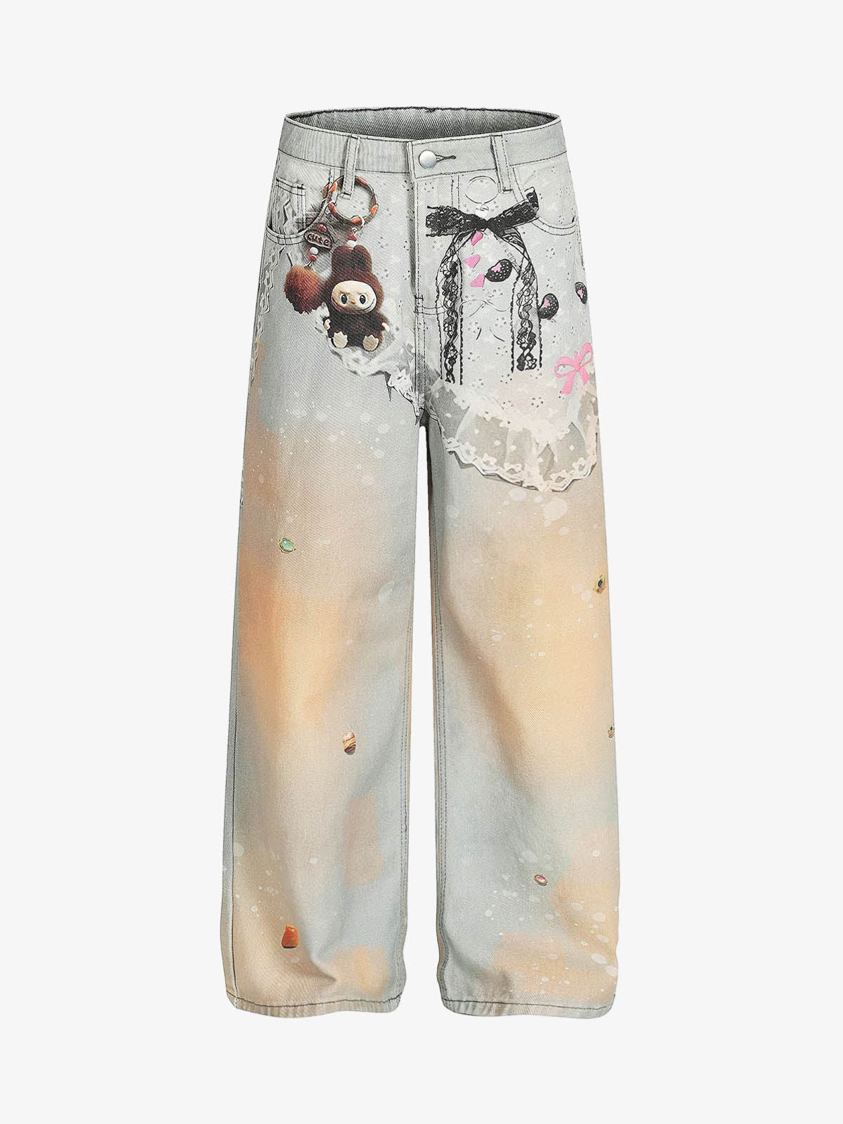 Unique Artistic Denim Trousers with Embellished Details for Women