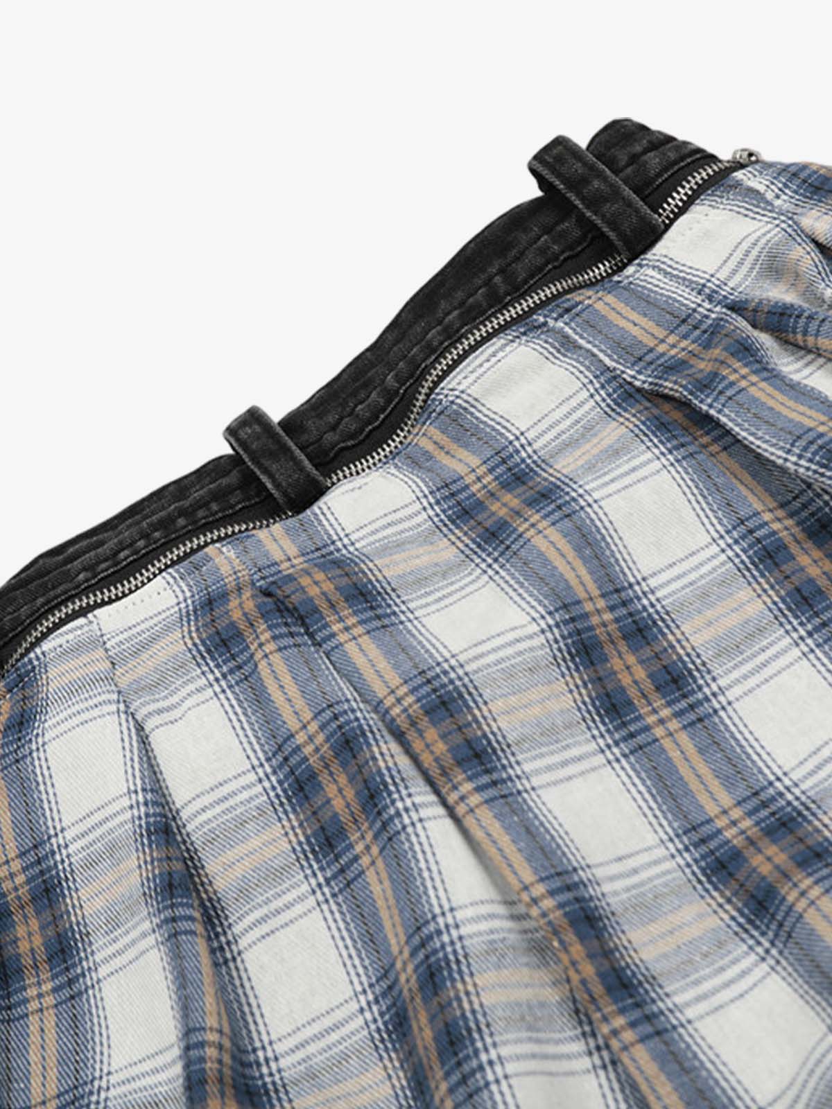 Faux Two-piece Plaid Detachable Scimitar Jeans