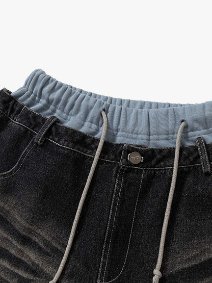 Thesupermade Double-waistband Denim Patchwork Ripped Casual Pants