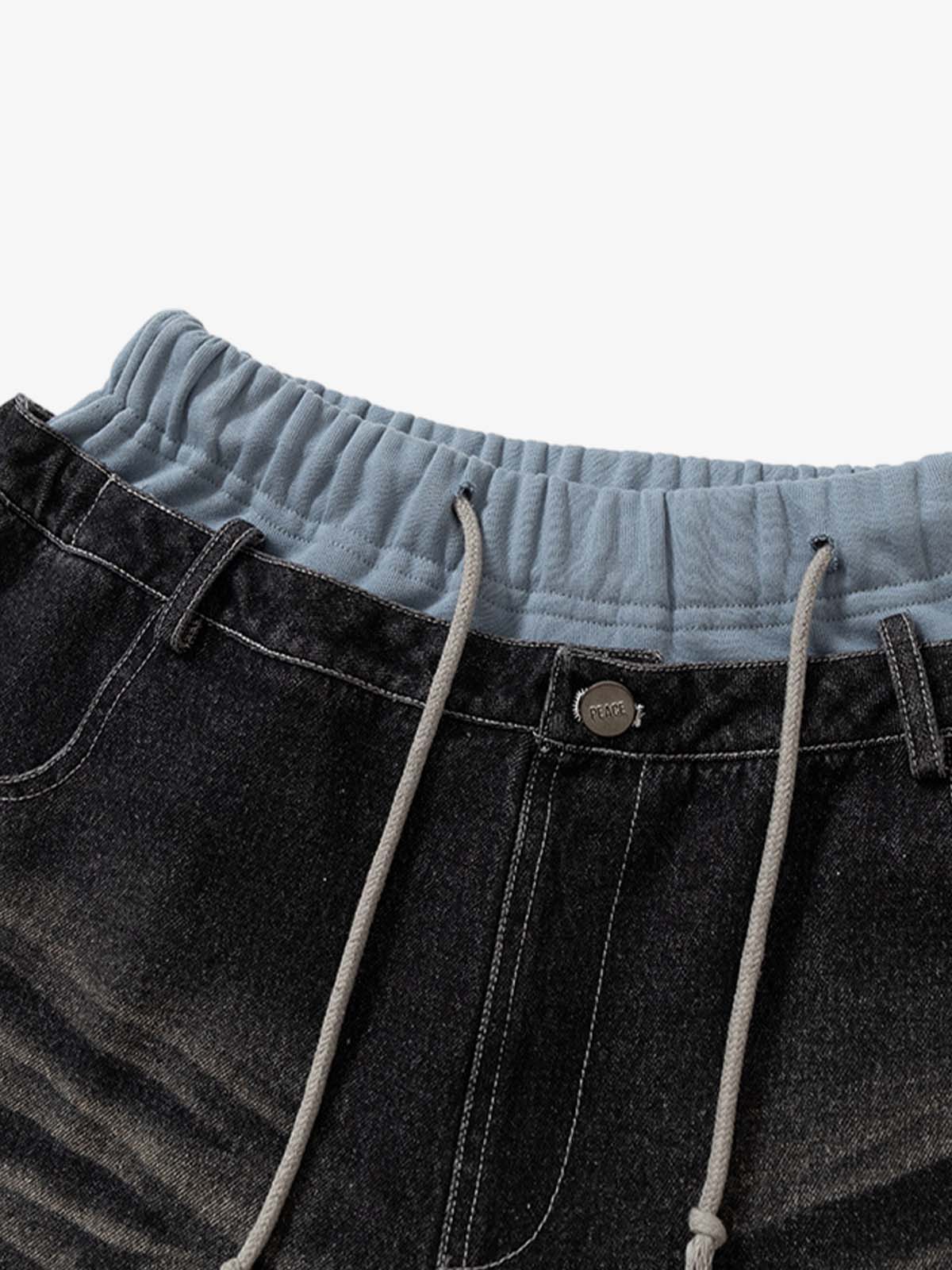 Thesupermade Double-waistband Denim Patchwork Ripped Casual Pants