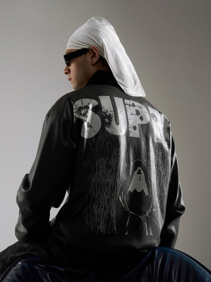 SUPM Leather Jacket with a Fur Collar and Bullet Hole Monogram Print and Rhinestone Pattern