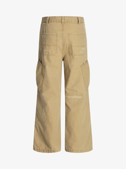 Cotton Hole Patch Pleated Multi-Pocket Cargo Casual Pants