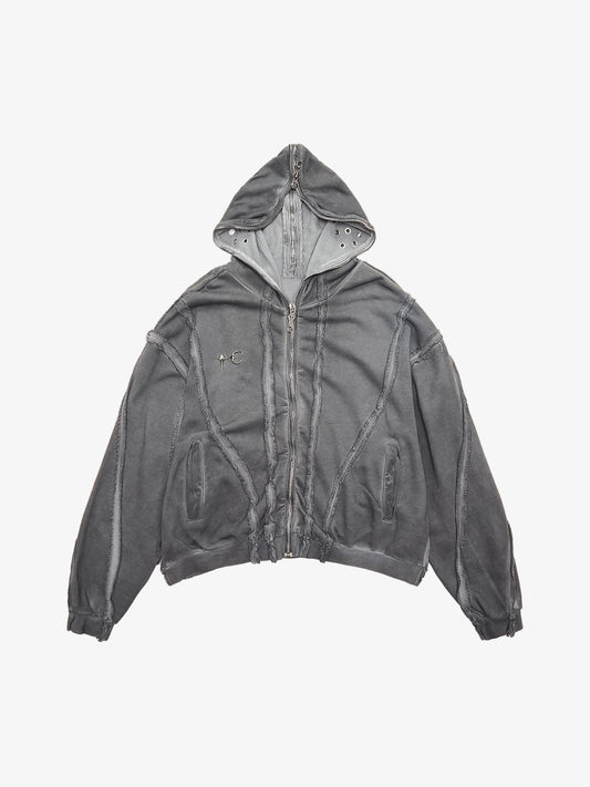 Thesupermade Heavy Washed Distressed Full Zip Hoodie - 2057