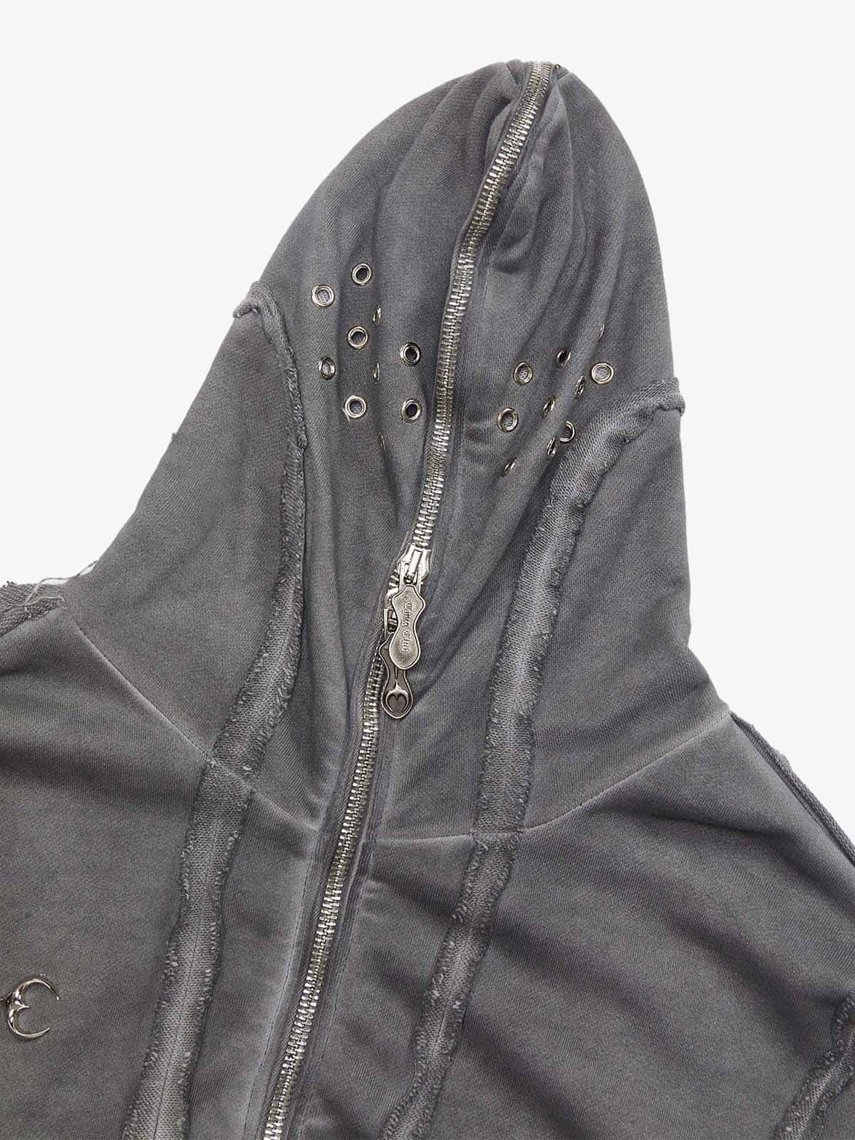 Thesupermade Heavy Washed Distressed Full Zip Hoodie - 2057