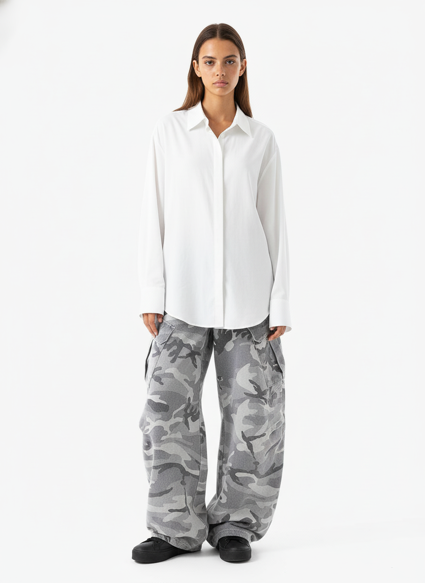Woven Snow Camouflage Machete Wide-Leg Cargo Barrel Pants