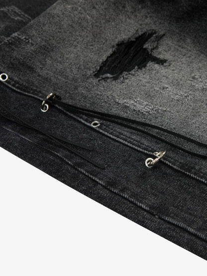 Vintage Washed Distressed Metal Ring Baggy Jeans