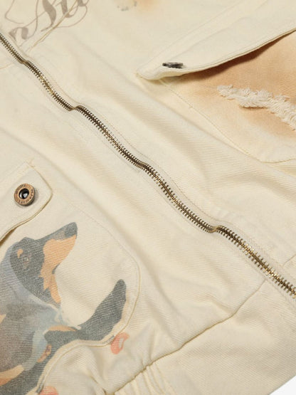 Distressed Graphic Jacket with Unique Dog Illustrations