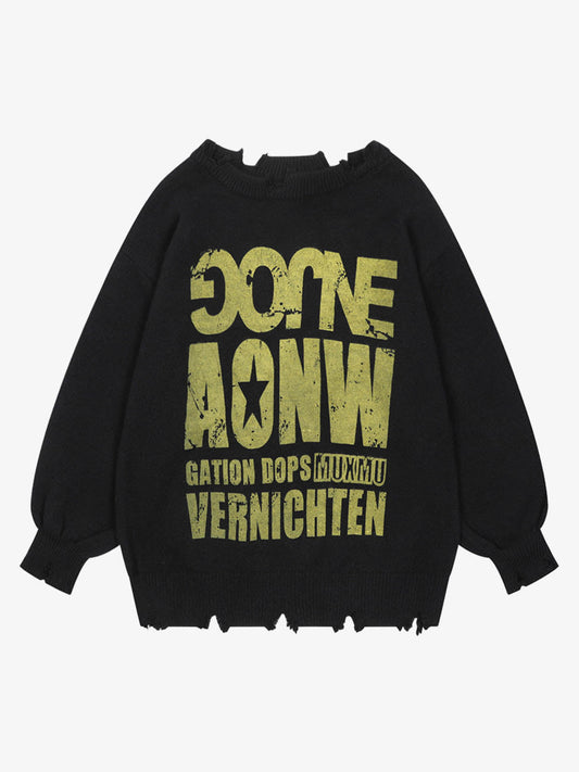 Letter Print Ripped Crew Neck Sweater